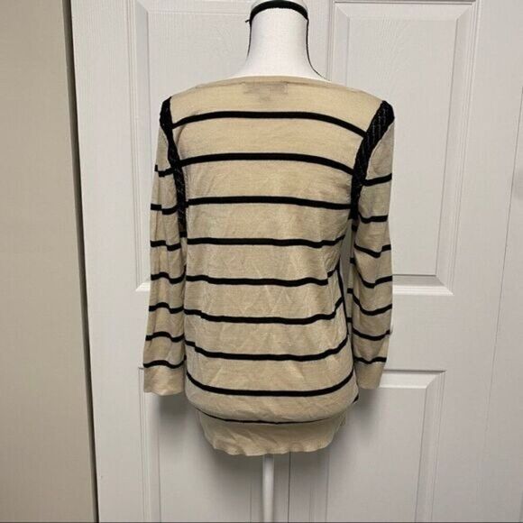 Loft womens cream black striped long sleeve round neck pullover knit sweater lrg - Picture 6 of 12
